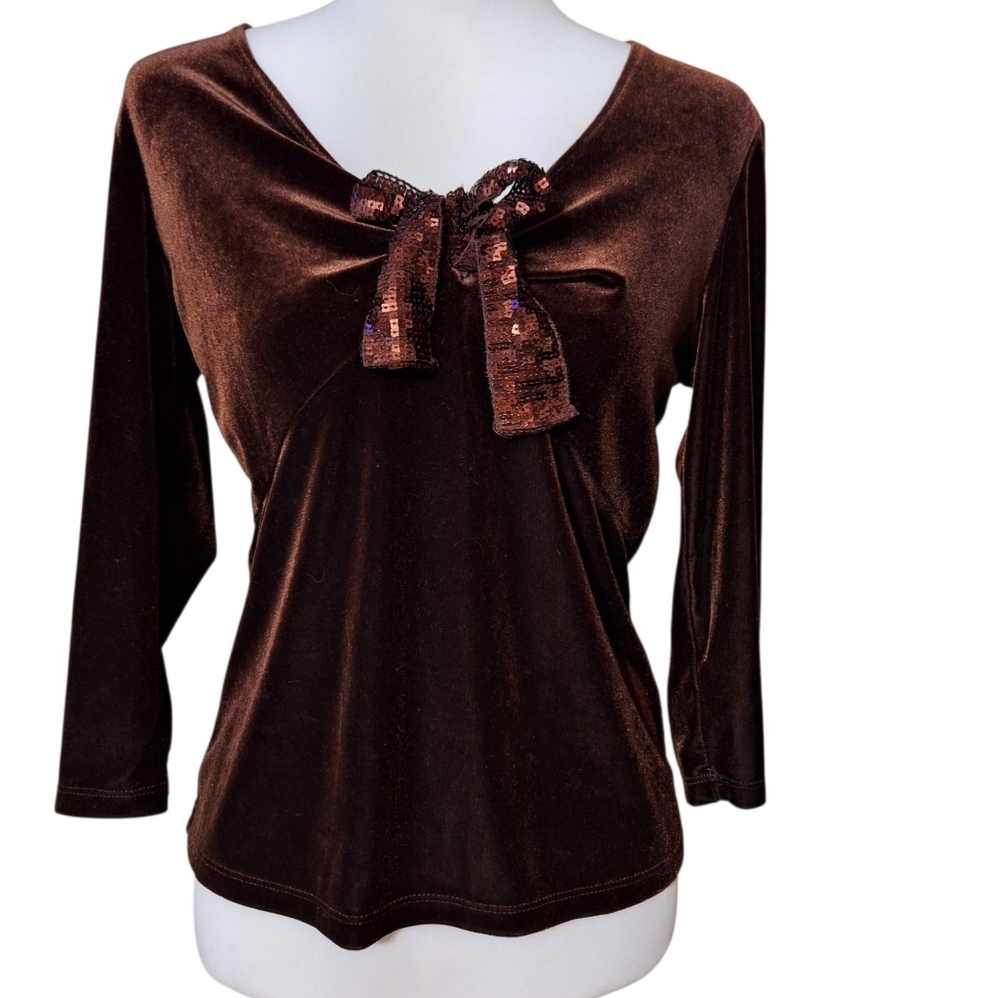 Vintage Y2K chocolate Brown velvet medium sequin tie babydoll top fairygrunge